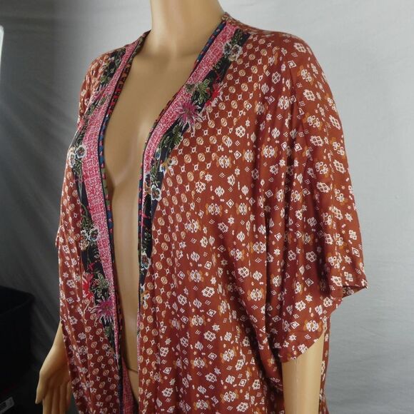 Angie Boho Open Front Rust Brown Orange Kimono Robe Batwing Sleeve Large Floral - Picture 2 of 9